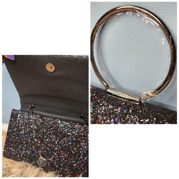 NWT ALESSIA Black & Metallic Glitter Box w/ Black Trim Clutch W/Round Handle - Picture 3 of 4